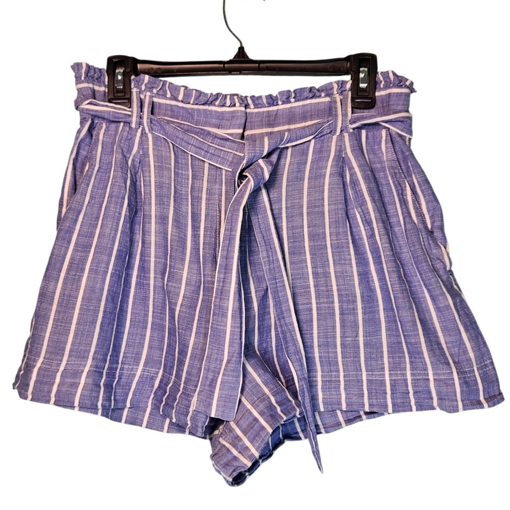 H&M Womens Blue White Striped Paperbag Waist Shorts Size 10 Tie‎ Belt Preppy